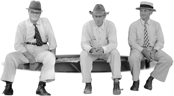 Three men on one bench in a courthouse square, each sitting apart with his hands in
his lap, none of them turned to another.