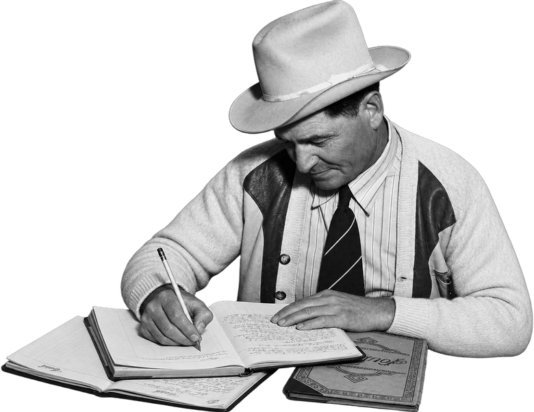 A foreman in a hat keeping four ledgers open at once, copying between them by hand.