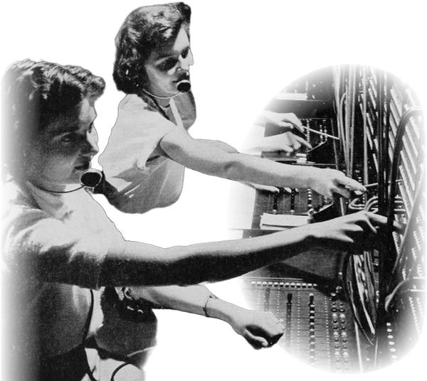 A row of switchboard operators, every pair of hands reaching for a different jack.